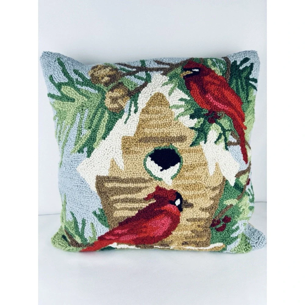 Winter Cardinal Bird House Hooked Wool Throw Pillow Cushion Holiday Christmas